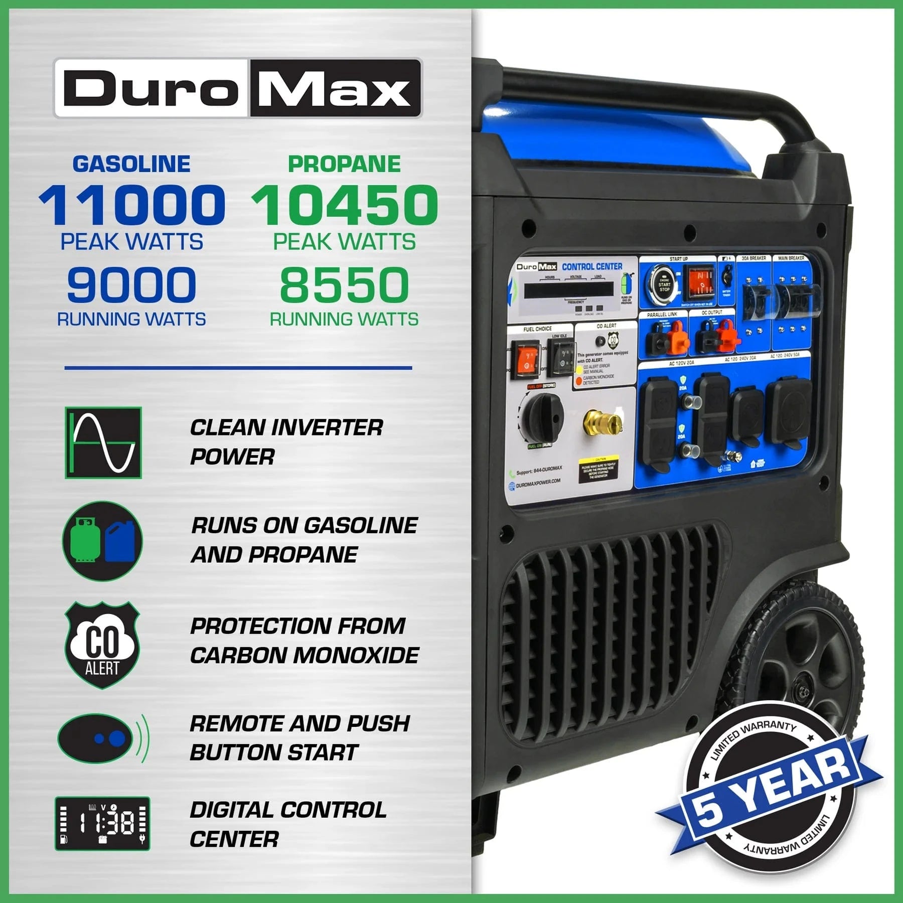Duromax 11,000 Watt Portable Dual Fuel Inverter Generator w/ CO Alert - AllProGenerators