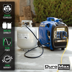 Duro Max power generator with propane tank on a concrete surface, featuring product features and warranty information.
