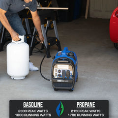 Close-up of Duromax 2300 watt dual fuel connections