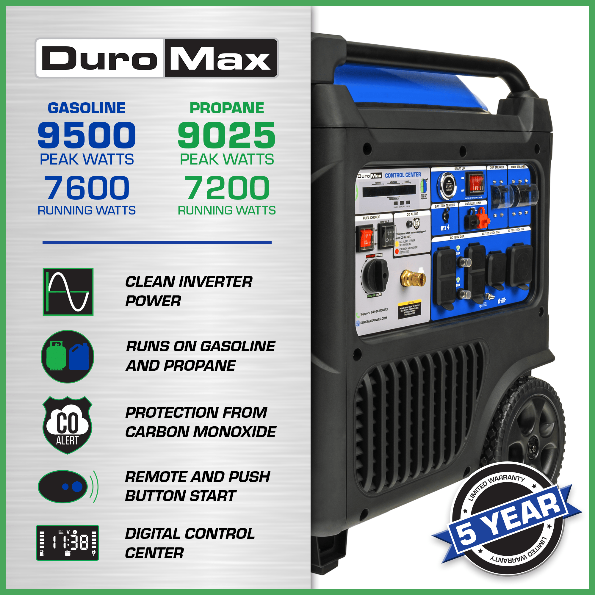 Duromax 9500 Watt Dual Fuel Inverter Generator w/ CO Alert - AllProGenerators