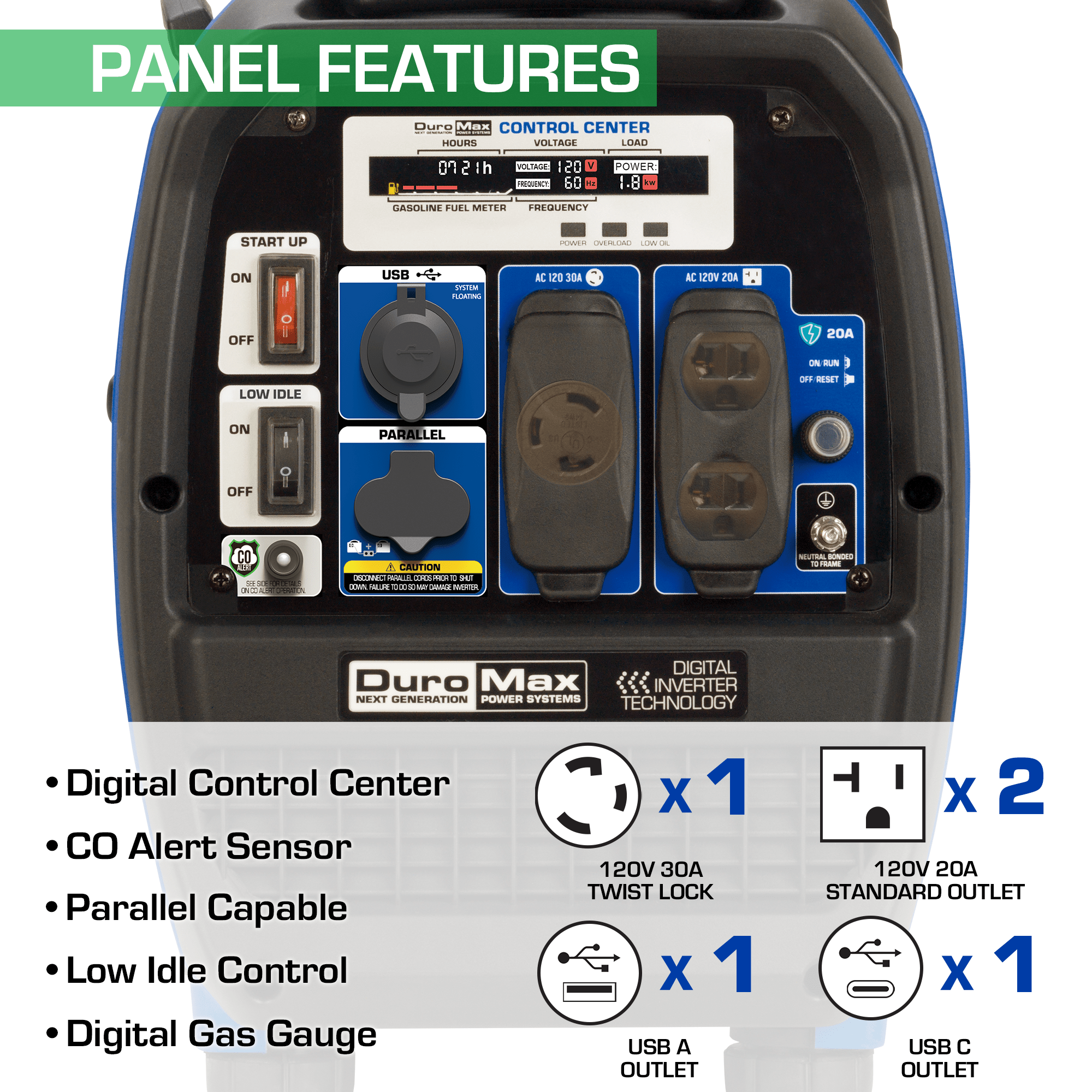 DuroMax XP2300iH 2300 - Watt 80cc Dual Fuel Digital Inverter Hybrid Portable Generator with CO Alert - AllProGenerators