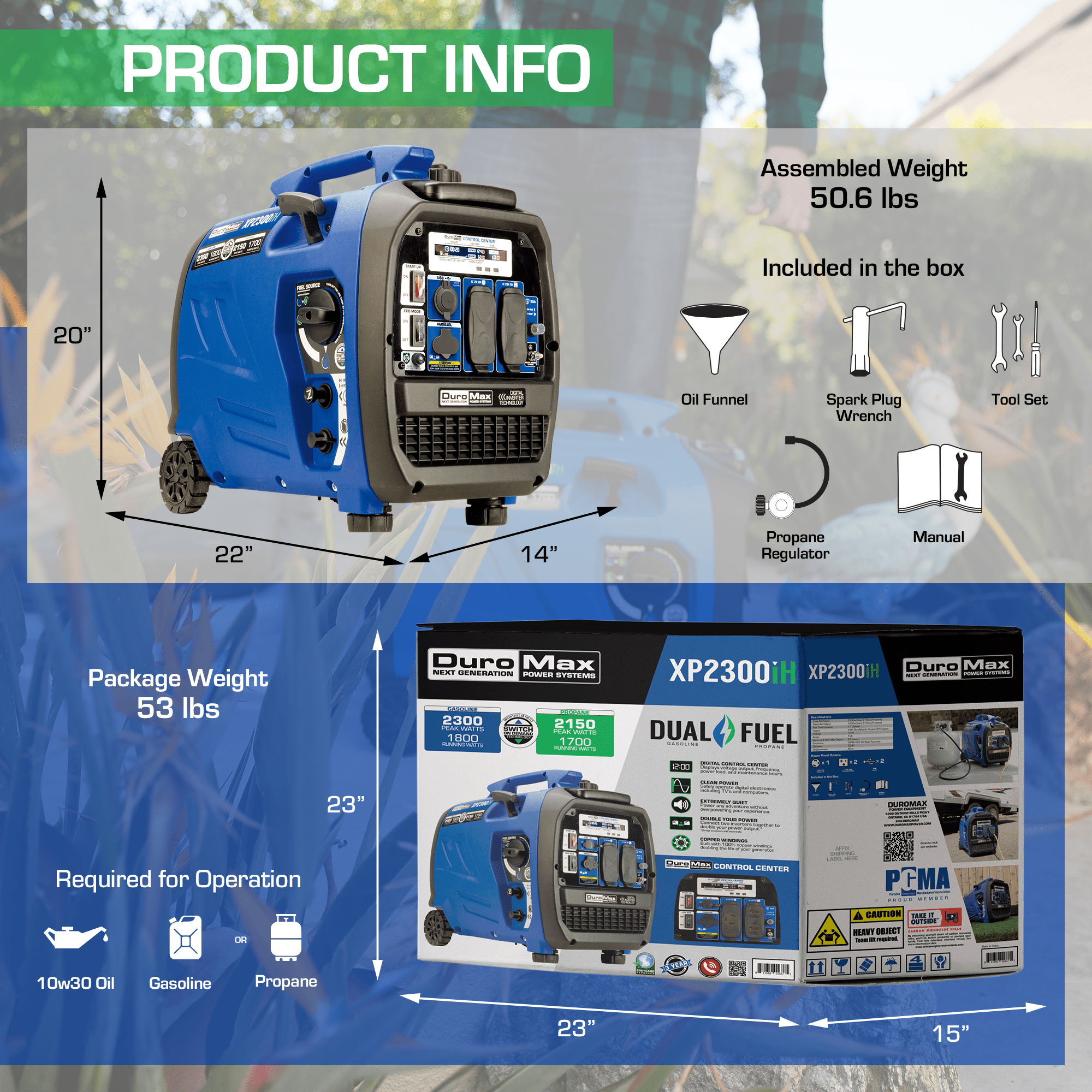 DuroMax XP2300iH 2300 - Watt 80cc Dual Fuel Digital Inverter Hybrid Portable Generator with CO Alert - AllProGenerators