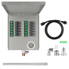 Electrical panel with connectors, cable, and additional components on a white background 12 circuits, nature's generator