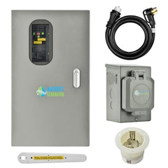 Electrical components including a power panel, cable, and plug on a white background.