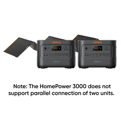 Two Jackery HomePower 3000 power stations on a white background with text indicating unsupported parallel connection.