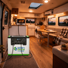 Portable power station labeled 'Nature's Generator' in a camper van interior.