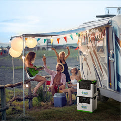 Group of people enjoying a campsite with an RV and outdoor lights, featuring a Power Station product.Nature's Generator L3600 3600W portable power station