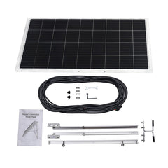 Solar panel kit with cable, mounting brackets, and instructions on a white background
