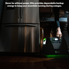 Person using a natures generator elite  portable power station next to a refrigerator with text about backup energy solutions.