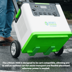 Portable power station with wheels and 'Nature's Generator' branding on a road. Nature's Generator L3600 3600W portable power station