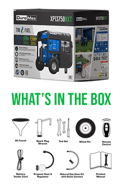 What comes with the DuroMax XP13750HXT tri fuel generator