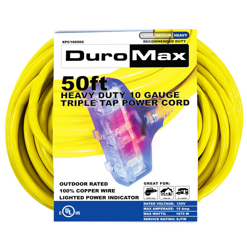 DuroMax XPC10050C 50-Foot 10-Gauge Triple-Tap Extension Cord - AllProGenerators