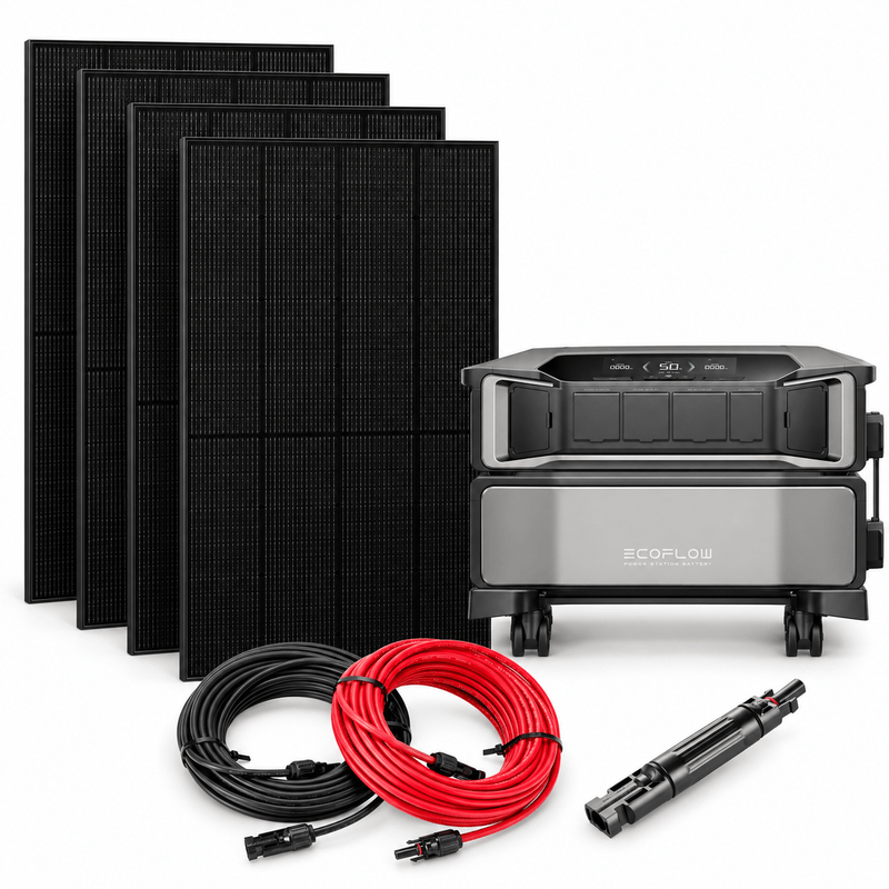 EcoFlow DELTA Pro Ultra with four RICH SOLAR MEGA 250 PRO ONYX panels, 50-foot 10 AWG solar cable pair and inline fuse holder