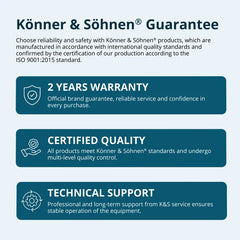 A promotional infographic for Könner & Söhner products with three dark teal text blocks on a pale blue background. The headings read 'Könner & Söhner Guarantee,' '2 YEARS WARRANTY,' 'CERTIFIED QUALITY,' and 'TECHNICAL SUPPORT,' with small white icons beside each section.