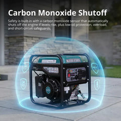 A portable gasoline generator shown outdoors on a patio with marketing text about carbon monoxide shutoff and a glowing blue safety shield graphic around the unit.
