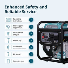 Promotional graphic for a  Konner Sohnen portable generator showing the generator on the right and a list of included accessories and service features on the left, under the headline 'Enhanced Safety and Reliable Service'.