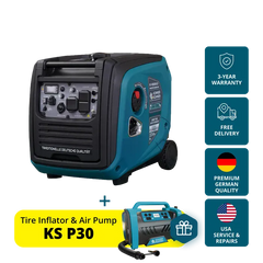 A portable inverter generator and tire inflator bundle shown on a white background with promotional badges. The main product is a teal and black generator labeled 'TRACTIONELLE DEUTSCHE QUALITÄT', alongside a smaller teal and black tire inflator.