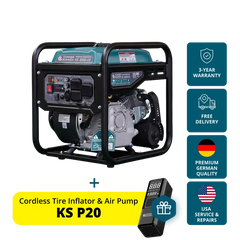 A portable gas-powered air pump generator in a black protective frame with a teal top casing, shown alongside promotional text and icons for a cordless tire inflator and air pump package. The right side includes four teal badges reading 3-Year Warranty, Free Delivery, Premium German Quality, and USA Service & Repairs.