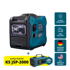 A portable inverter generator shown on a white background with feature callout icons on the right and a yellow promotional banner at the bottom advertising a jump starter bundle.