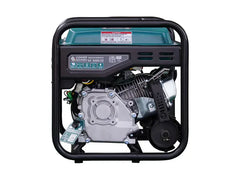 A  Konner Sohnen portable gasoline generator with a black metal frame, teal top cover, and exposed silver and black engine components, shown against a plain white background.