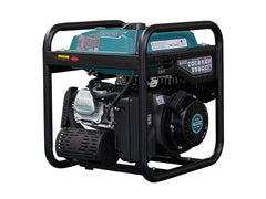 A portable gasoline generator with a black metal frame, teal engine cover, and black engine housing, shown on a plain white background.