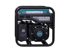 A portable gasoline generator with a black protective frame, black engine components, and a teal top cover, shown against a plain white background.