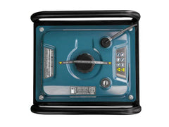 Top-down view of a portable gas generator with a teal blue body and black protective frame, featuring a fuel cap, control panel, and warning labels on a white background.