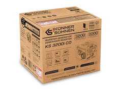 A brown cardboard box for the Ikonner Sohnen KS 3200i CO inverter generator, shown at a three-quarter angle on a white background.