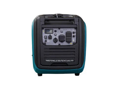 A portable inverter generator with a black front control panel and teal side panels, shown from the back against a plain white background.