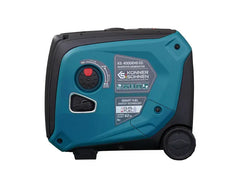 Konner Sohnen K8 4000iHS CO inverter generator in teal and black, featuring a front fuel cap, power outlets, and a rear wheeled wheel, shown on a white background.