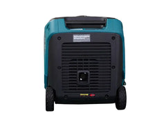 The rear view of a portable generator with a teal blue and black body, featuring two small wheels and a vented front panel, isolated on a white background.