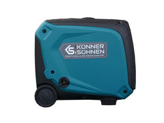 A Konner Sochen portable generator with a teal blue and black casing, featuring a prominent brand logo on the side and a small wheel at the bottom, shown against a plain white background.