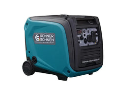Konner Söhnen portable electric generator in teal and black, featuring a side-mounted fuel tank, rear wheels, and a front control panel with outlets and switches, shown on a white background.
