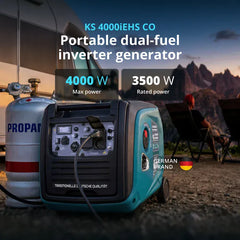 Portable dual-fuel inverter generator with propane tank in a camping setting