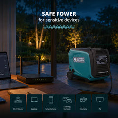 Portable power station labeled 'KONNER SOHNEN' with a laptop and router on a table outdoors at night.