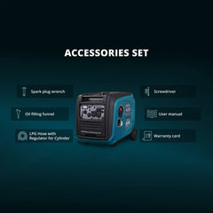 Generator with list of accessories on a dark background
