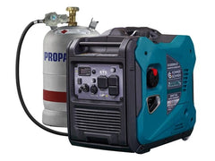 Portable generator with propane tank on a white background