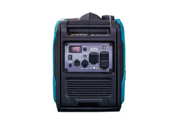 A portable inverter generator with a black front control panel and teal blue side panels, shown from a front-facing perspective on a solid white background.