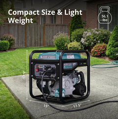 A  Konner Sohnen portable generator shown outdoors on a concrete walkway in a backyard, with measurement callouts indicating 17.5 inches by 17.