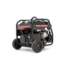 A portable Yamaha generator with a black frame and wheels, featuring red accents and a visible engine, photographed on a clean white background.
